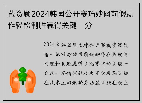 戴资颖2024韩国公开赛巧妙网前假动作轻松制胜赢得关键一分 戴资颖2024韩国公开赛巧妙网前假动作轻松制胜赢得关键一分