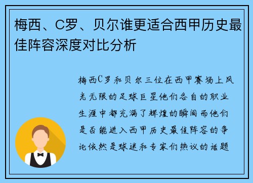 梅西、C罗、贝尔谁更适合西甲历史最佳阵容深度对比分析 梅西、C罗、贝尔谁更适合西甲历史最佳阵容深度对比分析
