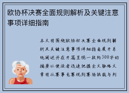 欧协杯决赛全面规则解析及关键注意事项详细指南