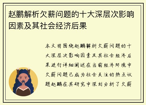 赵鹏解析欠薪问题的十大深层次影响因素及其社会经济后果